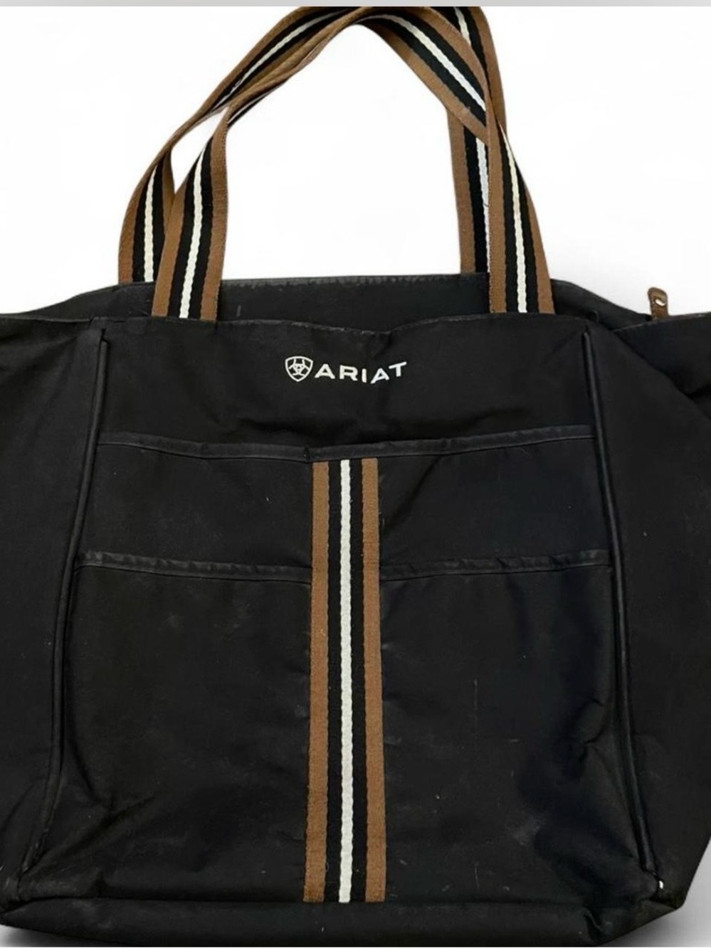 Ariat Black Canvas Duffel Tote Shoulder Bag with Brown & White Striped Handles